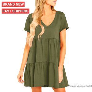 Summer V-Neck Tshirt Dress Flowy Babydoll Casual Above Knee
